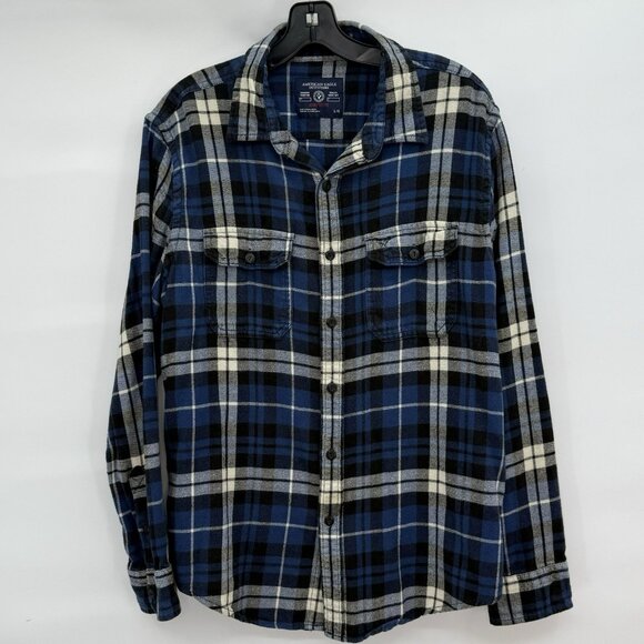 American Eagle Outfitters Men's Large Blue Plaid Flannel Shirt Athletic Fit - Picture 1 of 7